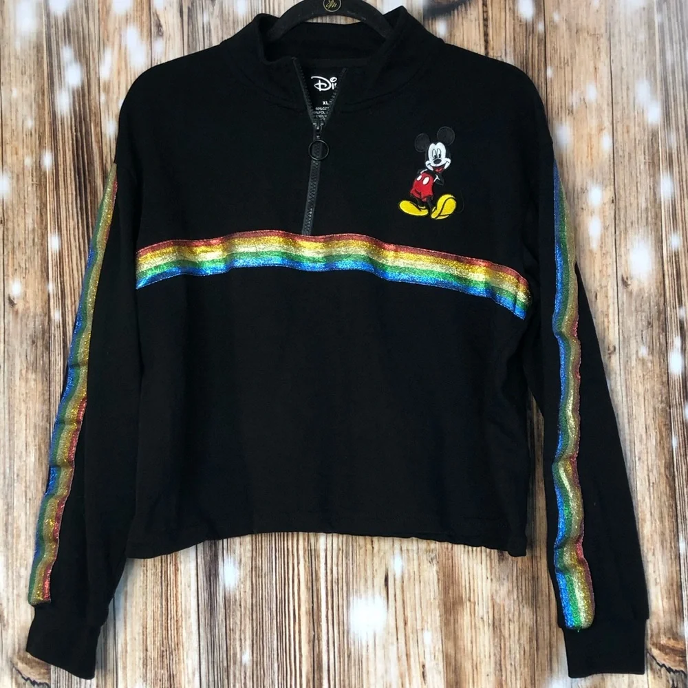 Disney Mickey Mouse Quarter Zip Rainbow Retro Cropped Long Sleeve Sweatshirt - Picture 1 of 6